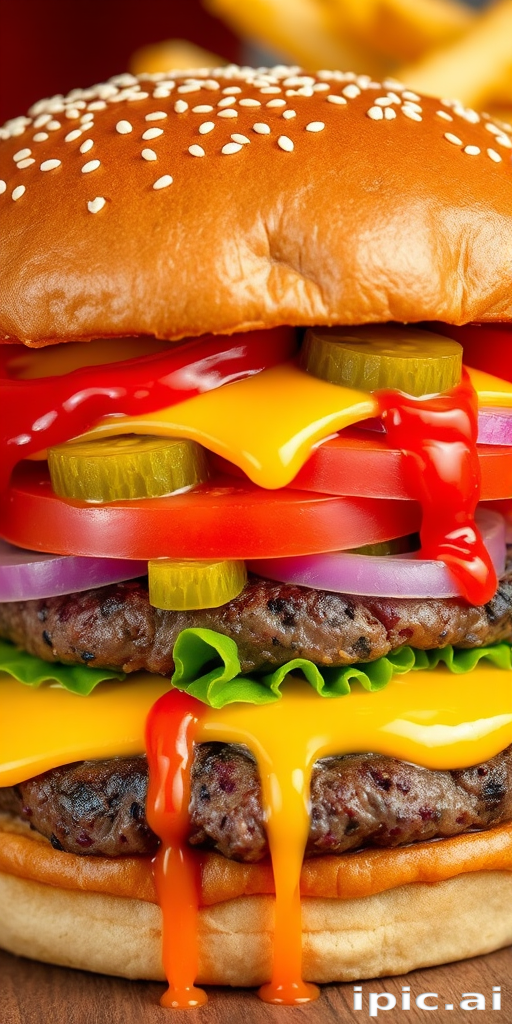 High-resolution, close-up image of a gourmet double cheeseburger. The burger features a glossy, sesame-seed-topped brioche bun. Inside, there are two thick, juicy beef patties, each topped with melted cheddar cheese. The burger is garnished with fresh lettuce, tomato slices, diced onions, and pickles. A generous amount of ketchup and a creamy, orange-colored sauce is dripping down the sides, adding to the mouth-watering appeal. In the background, there are blurred elements including a side of golden French fries and a hint of a beverage, enhancing the overall presentation of a delicious meal.