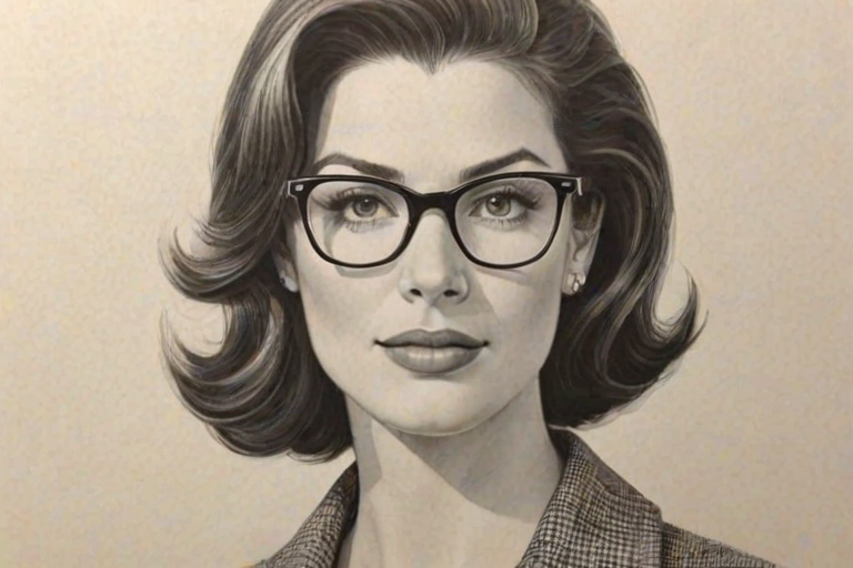 Lovely Alana De La Garza, pencil sketch, portrait of Appealing woman 1956s in glasses, hair style beatnik, outline, clear lines, fine lines, 8k