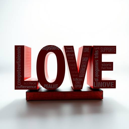 Create an artistic typography design featuring the word "LOVE" using various supportive and positive words, captured with a DSLR camera at f/2.8 aperture, ISO 100, 50mm lens, in a well-lit studio environment with a soft focus background for depth and clarity.