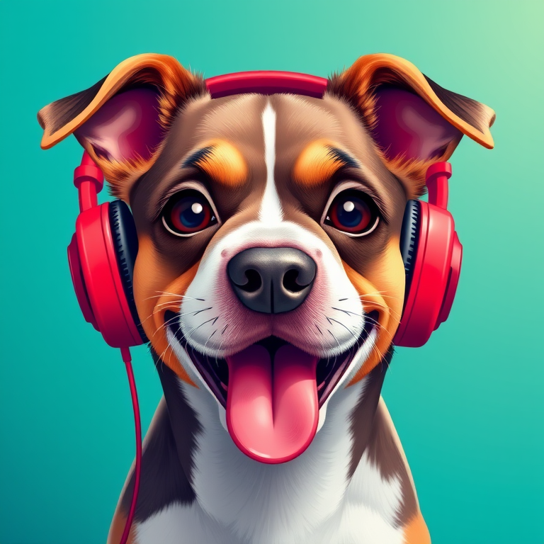 Create a vibrant digital illustration of a dog with a playful expression wearing red headphones, using a soft color palette with a teal background, shot with a Canon EOS R5 at f/2.8, ISO 100, and a 50mm lens for sharp detail and a smooth bokeh effect.
