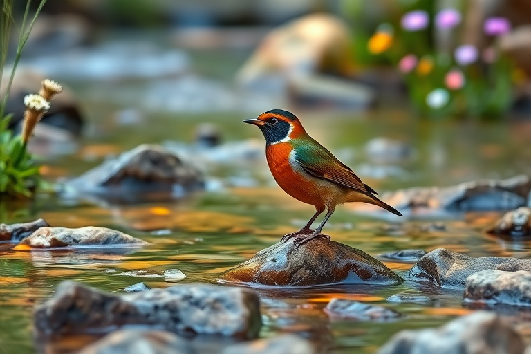 A colorful bird standing on rocks in a clear stream surrounded by greenery and wildflowers, captured with a DSLR camera, aperture f/5.6, shutter speed 1/250s, ISO 200, macro lens, natural light, shallow depth of field, focusing on the bird with a blurred background.