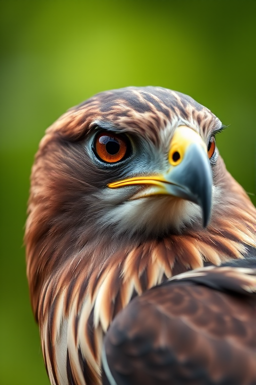 Capture a close-up shot of a hawk with a shallow depth of field, using a Canon EOS R5 with an 85mm f/1.2 lens at ISO 100, f/2.8, and 1/500s, ensuring sharp focus on the eye and a blurred green background for enhanced image quality.