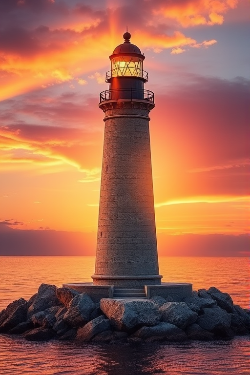Generate an image of a tall lighthouse perched on a rocky outcrop surrounded by calm ocean waters during a breathtaking sunset. The lighthouse stands sturdy and weathered, its stone surface illuminated by the warm golden light of the setting sun. The sun's rays pass directly through the glass lantern room at the top of the lighthouse, casting a brilliant light across the scene. The sky is painted with vibrant shades of orange, pink, and purple, reflecting off the tranquil sea. The surrounding water shimmers with the same warm hues, creating a serene and majestic atmosphere.