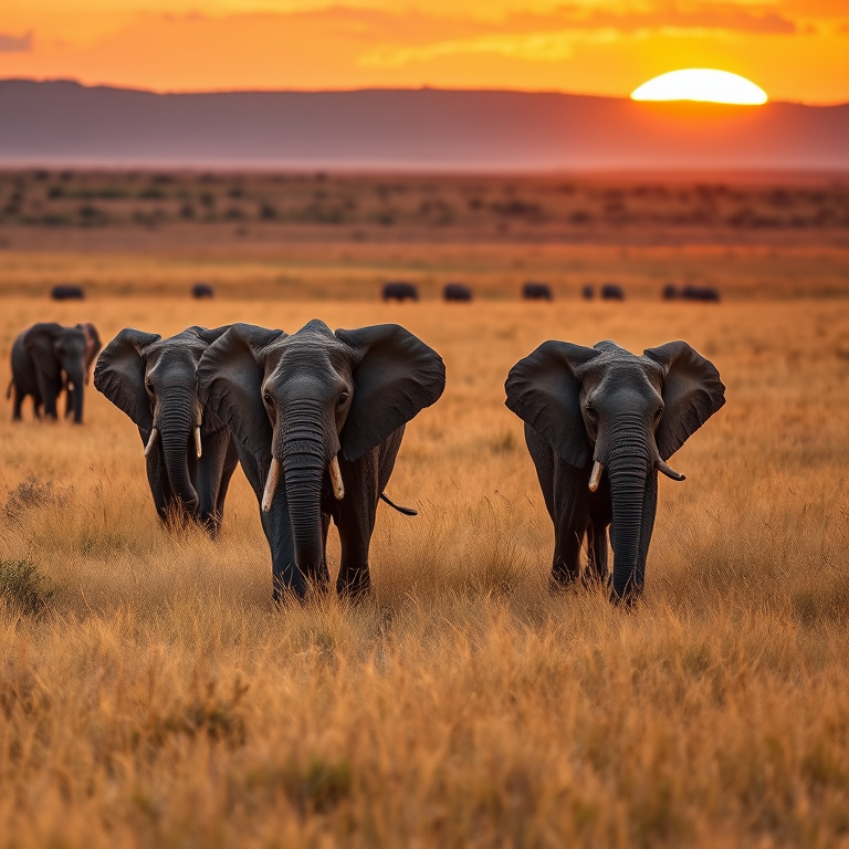 Elephants walking through golden grass in a savanna landscape during sunset, shot with a DSLR camera, 85mm lens, aperture f/2.8, ISO 200, shutter speed 1/500 sec, shallow depth of field, natural lighting, panoramic view.