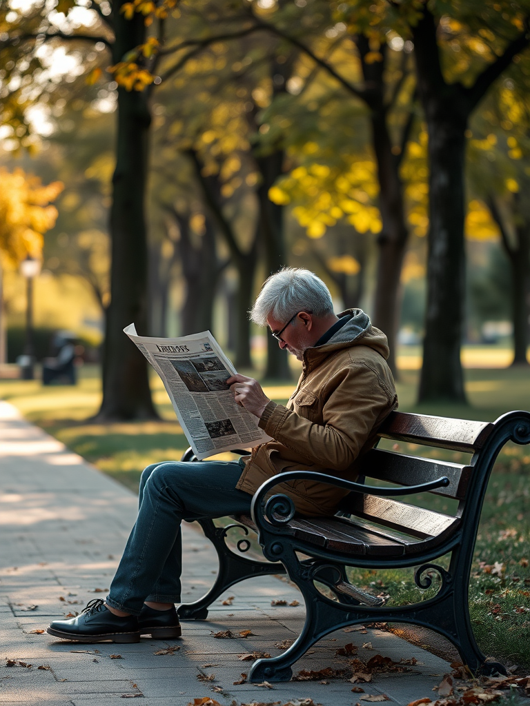 Regenerate the image of a person sitting on a bench while reading a newspaper in a well-lit park, using a DSLR camera with a 50mm lens, aperture f/1.8, ISO 100, and a shallow depth of field to enhance image quality.