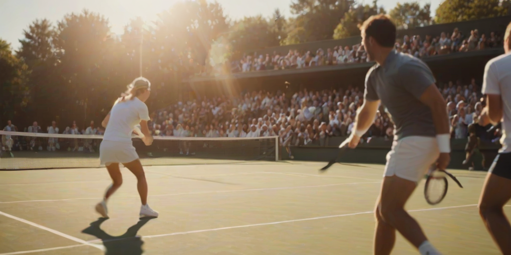 Blurry action shot of a tennis match in full swing, players poised at the net, soft sunlight illuminating the court and the energy of the crowd echoing in the background.