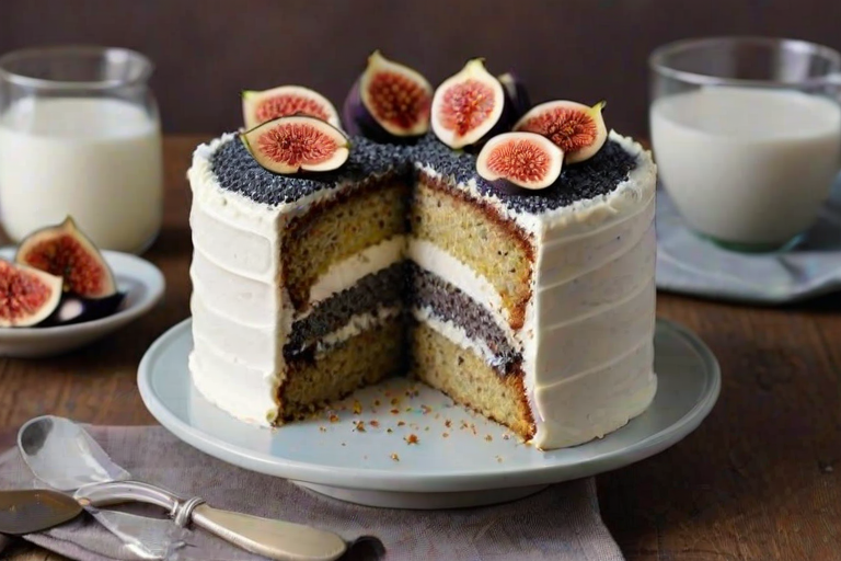 Generate an image of a layered cake with poppy seeds and a bright yellow filling. The cake is topped with a creamy white frosting and garnished with small figs. The cake should be sliced to reveal its layers, showcasing the contrast between the poppy seeds and the filling.