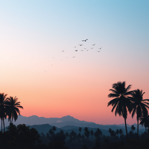 generate a serene landscape with mountains in the background, a gradient sky transitioning from pink to blue, silhouettes of tall trees and palm trees in the foreground, flocks of birds flying, shot with a DSLR camera at f/8 aperture, ISO 100, 24mm lens, in a wide-angle view, with soft pastel colors for enhanced image quality.