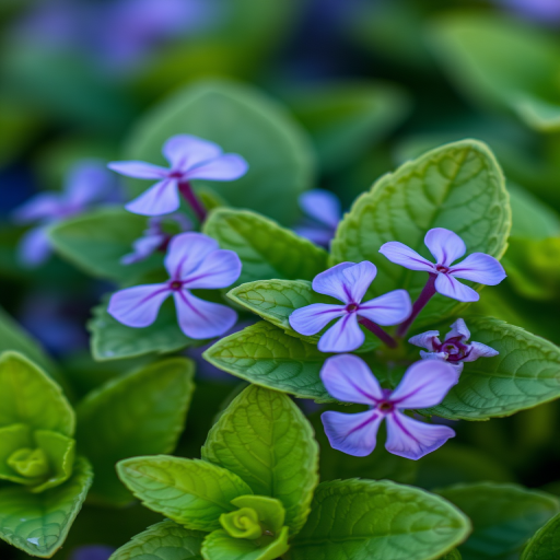 close-up of mint leaves with purple flowers, shallow depth of field, 50mm lens, f/2.8, ISO 100, natural light, DSLR camera, soft focus background