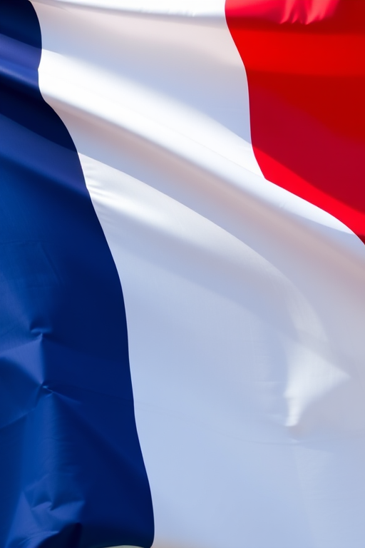 Create a high-resolution image of the French flag with vibrant colors, using a DSLR camera, focal length 35mm, aperture f/8, ISO 100, with a straight-on view and soft natural lighting.
