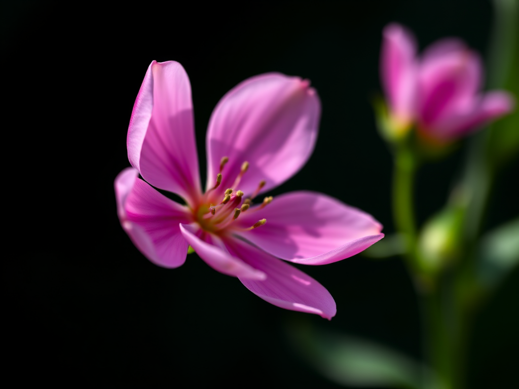 high-resolution close-up of a pink flower on a black background, f/2.8 aperture, 50mm lens, ISO 100, natural lighting, macro photography, DSLR camera