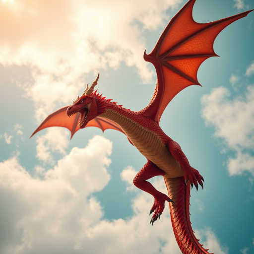 a majestic red dragon soaring through the sky with outstretched wings, highly detailed scales and textures, vibrant colors, shot with a Canon EOS R5, 24mm lens, f/2.8 aperture, ISO 100, in a low-angle view for dramatic effect and enhanced clarity, studio lighting for depth and contrast