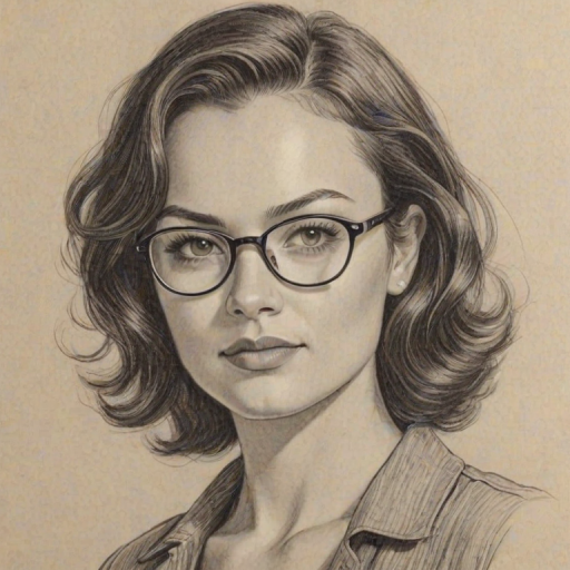 Fascinating Christina Ochoa, pencil sketch, portrait of Superb woman 1931s in glasses, hair style beatnik, outline, clear lines, fine lines, 8k