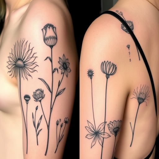 Fine line tattoo titled "Botanical Studies" featuring highly detailed scientific illustrations of various plant species with delicate linework and subtle shading reminiscent of vintage botanical drawings