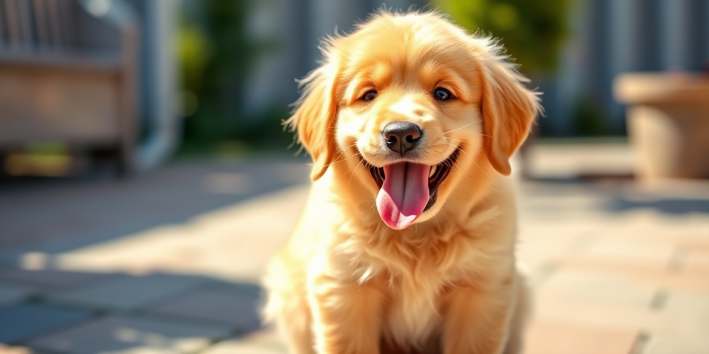 Cute golden retriever puppy with fluffy fur sitting and smiling with its tongue out in a sunny environment.