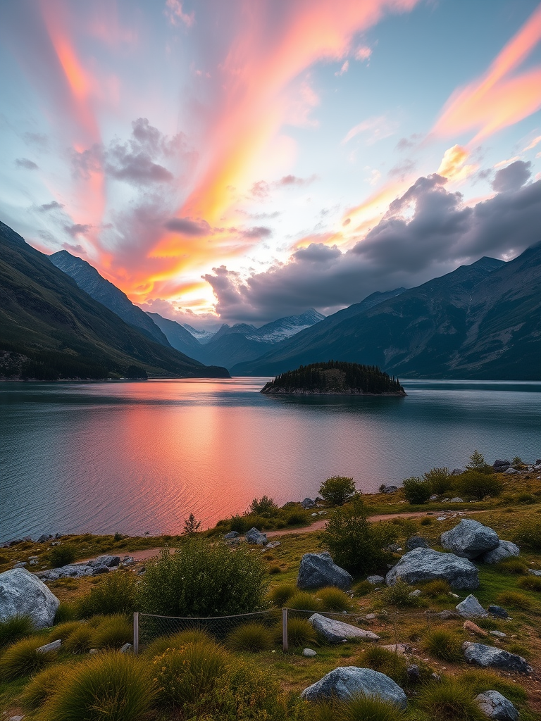 Generate a high-resolution image of a serene landscape featuring a calm lake surrounded by mountains at sunset, with vibrant colors in the sky, captured using a DSLR camera, 24mm lens, f/8 aperture, ISO 100, and a shutter speed of 1/125 sec, in a wide-angle view to enhance depth and detail.