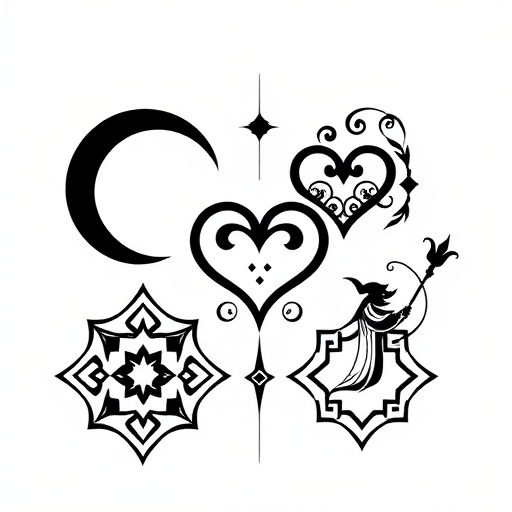 Create an intricate black and white design featuring four stylized designs: a crescent arch at the top, a heart-shaped emblem with intertwined elements at the center, a whimsical figure holding a staff on the right, and a diamond-shaped pattern at the bottom left, shot with a DSLR camera, ISO 100, aperture f/8, 50mm lens, with natural lighting to enhance fine details and contrast.