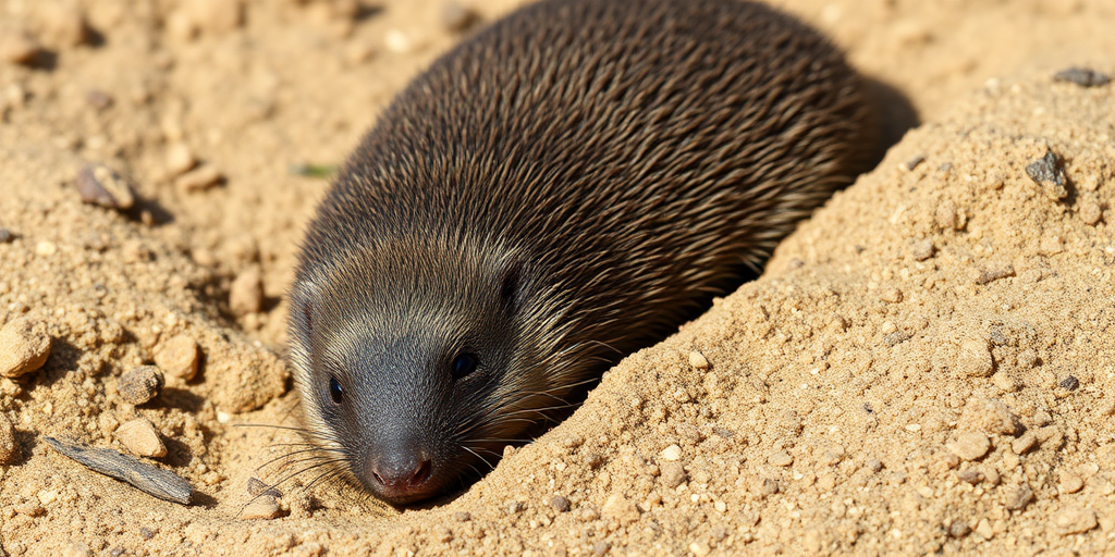 Create a highly detailed illustration of a mole lying on sandy soil, utilizing a macro camera with a 50mm lens, aperture set to f/1.8, shot from a low angle to emphasize texture and depth, with natural lighting for enhanced contrast and clarity.