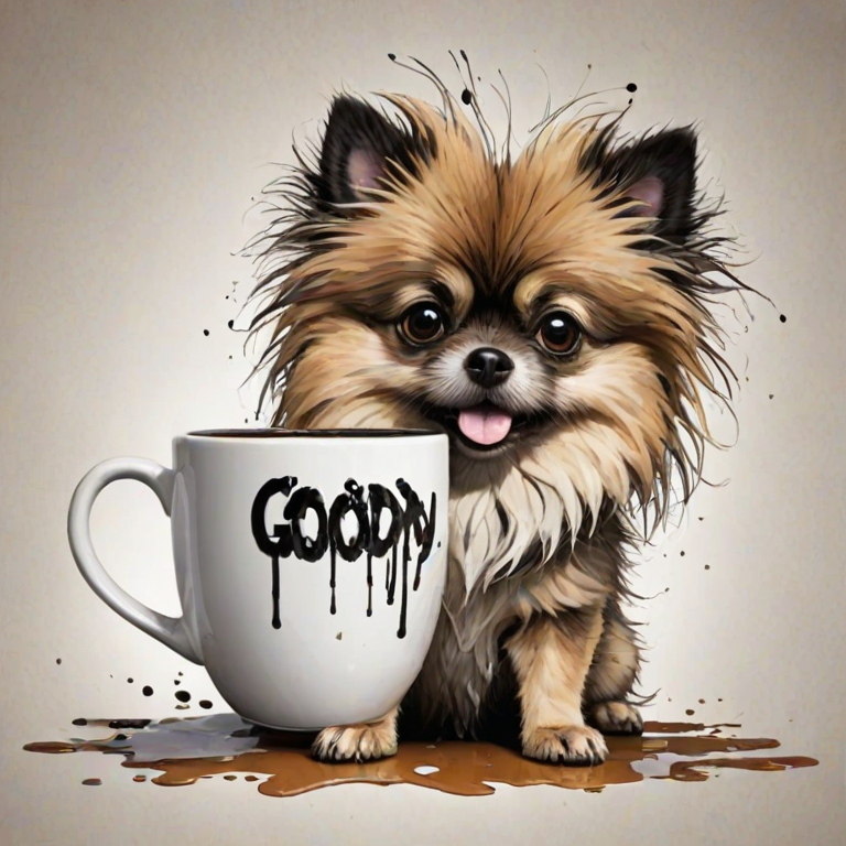 A quirky, artistic illustration of a disheveled aussiepom dog breed with exaggerated, large eyes and spiky fur, holding a coffee mug that reads "Good Morning". The dog has a tired but humorous expression, with ink splatters and abstract details surrounding it, giving a whimsical feel to the image. The color palette is mostly monochrome with hints of black in the eyes and steam rising from the mug, enhancing the overall sleepy vibe