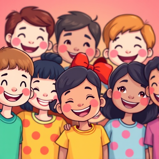 Create a vibrant illustration of a diverse group of cartoon children smiling together, using a shallow depth of field, with bright and colorful backgrounds, captured with a high-resolution digital camera at f/2.8, ISO 100, 50mm lens to enhance image quality.