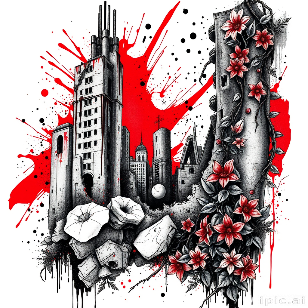 Trash polka tattoo titled "Urban Decay" combining bold, chaotic red and black elements with photorealistic grayscale imagery, featuring a crumbling cityscape juxtaposed with organic forms like vines and flowers, creating a striking contrast between man-made structures and nature's resilience