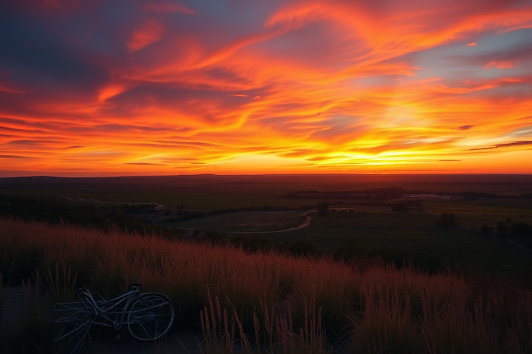 Create a high-resolution image of a serene landscape at sunset with vibrant colors in the sky, using a DSLR camera with a 50mm lens, aperture set to f/1.8, ISO 100, shot at a low angle to capture foreground details with a warm color balance to enhance the atmosphere.