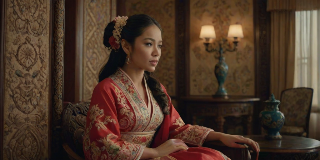 A beautiful Latino woman in traditional East Asian attire, intricately detailed with embroidered patterns, sitting gracefully in a richly decorated room, soft ambient lighting, serene and elegant, ultra-realistic, 8K resolution