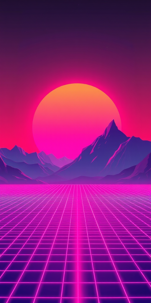 Generate a retro-futuristic landscape with a large, digitally styled sun setting behind low-poly mountains, foreground featuring a grid pattern reflecting vibrant neon colors; use a high-resolution setting with a 50mm lens, f/8 aperture, ISO 100, and a wide-angle view for depth in perspective.