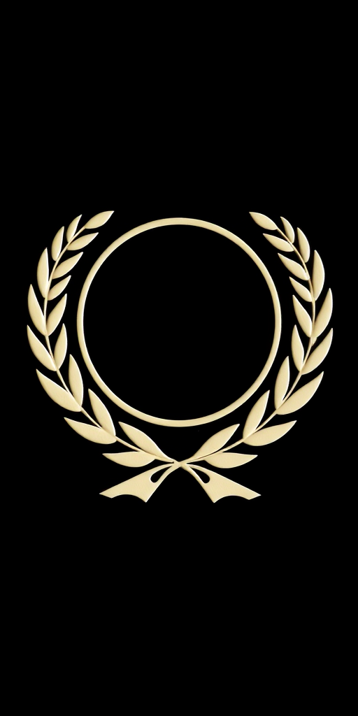 Regenerate a stylized emblem featuring a laurel wreath encircled by a circular border with a ribbon at the bottom, using a DSLR camera with a 50mm lens, aperture f/2.8, shutter speed 1/125s, and ISO 100, in a high-contrast lighting setup for better detail and clarity.