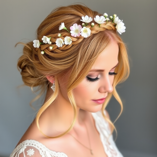 Romantic strawberry blonde halo braid crown adorned with delicate fresh flowers, styled with soft tendrils framing the face for a dreamy bohemian look