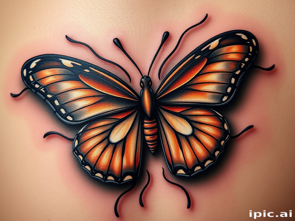 Hyper-realistic 3D tattoo of a butterfly emerging from the skin, utilizing advanced shading techniques and trompe l'oeil effects to create an astonishing illusion of depth and movement
