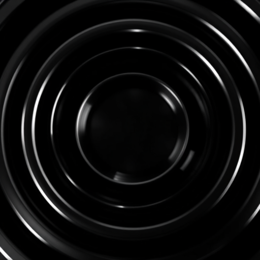 Create a high-contrast black and white abstract image of concentric circles with a glossy metallic texture, using a 50mm lens at f/1.8, ISO 100, and a shallow depth of field, captured from a top-down view with a DSLR camera.