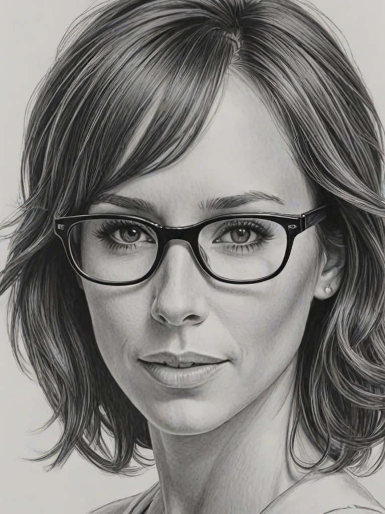 Gorgeous Jennifer Love Hewitt, pencil sketch, portrait of Ravishing woman 1963s in glasses, hair style beatnik, outline, clear lines, fine lines, 8k