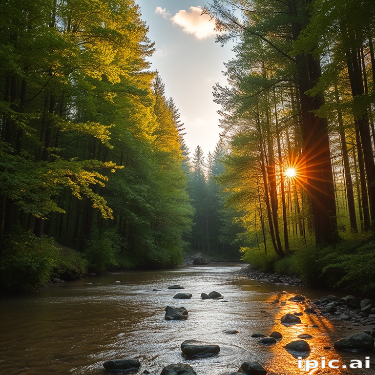 Create an image of a serene, sunlit forest scene with a clear, gently flowing river. Tall trees with lush green foliage line both sides of the river, their leaves bathed in the warm golden light of the setting or rising sun. The sunlight filters through the trees, casting soft, dappled light on the river, which flows over smooth rocks and pebbles, creating a peaceful, natural atmosphere. The sky is bright with a few scattered clouds, and the overall mood is tranquil, evoking a deep sense of connection with nature. The image captures the beauty of a calm, pristine forest landscape at either dawn or dusk.