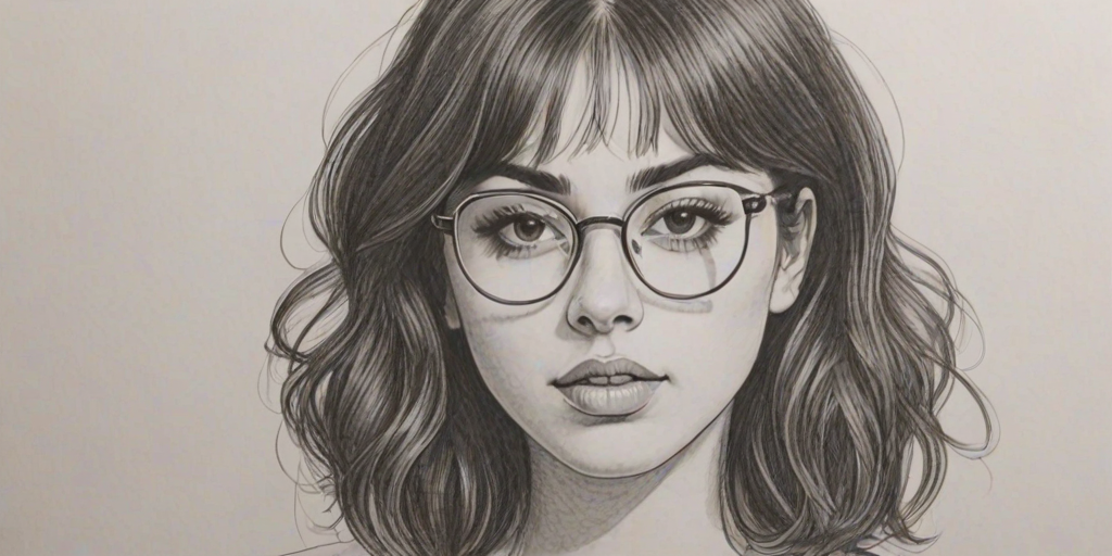 Comely Charlie XCX, pencil sketch, portrait of Dazzling woman 1978s in glasses, hair style beatnik, outline, clear lines, fine lines, 8k