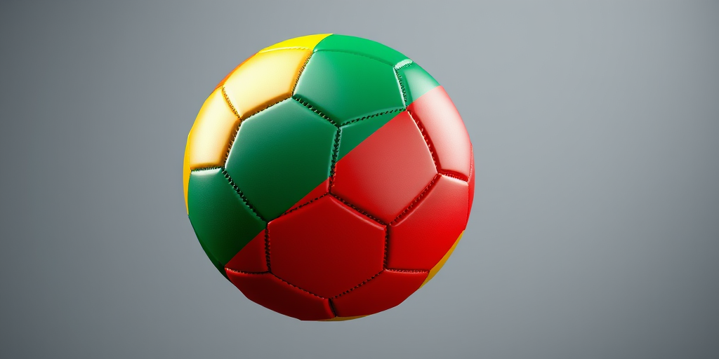 Create a realistic 3D render of a soccer ball featuring the colors of the Lithuanian flag: green, yellow, and red, shallow depth of field, ISO 100, f/2.8, 50mm lens, studio lighting.