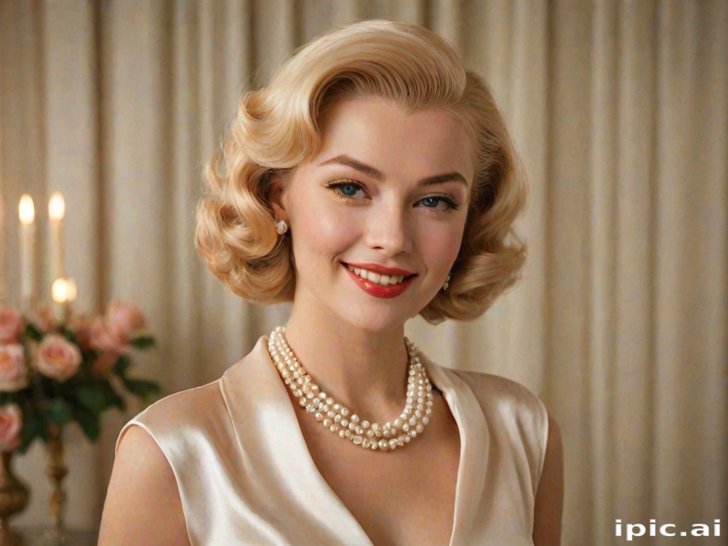 A beautiful woman reminiscent of 1950s Hollywood glamour, with perfectly styled blonde hair and a seductive smile, dressed in a satin blouse and adorned with pearls, soft and warm tones, photorealistic, 8K