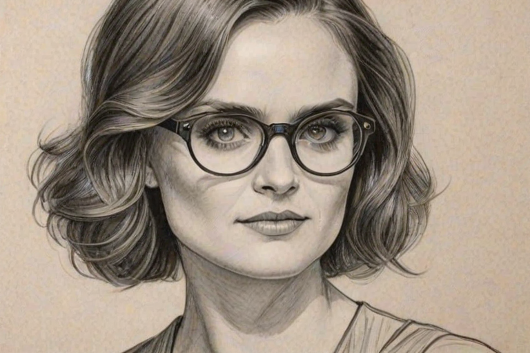 Beauteous Emily Deschanel, pencil sketch, portrait of Comely woman 1924s in glasses, hair style beatnik, outline, clear lines, fine lines, 8k