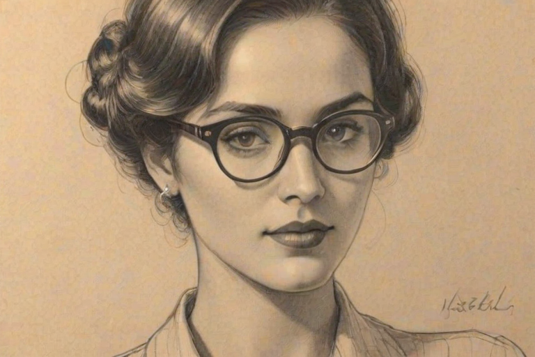 Alluring Isabela Merced, pencil sketch, portrait of Lovely woman 1928s in glasses, hair style beatnik, outline, clear lines, fine lines, 8k