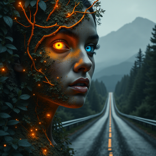 A surreal portrait of a woman's face merging with nature and a road. One half of her face is covered in glowing orange vines, tree roots, and dense forest vegetation. The other half is in grayscale, featuring storm clouds and a road that stretches into the horizon. Both of her eyes are highly expressive: one glowing amber and the other cool blue. The scene contrasts vibrant nature with a stormy, monochromatic landscape, with mountains in the background. The image is highly detailed, with dramatic lighting and texture, creating a mystical, harmonious balance between nature and humanity.