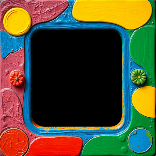Generate a colorful, abstract frame featuring rounded edges and two circular embellishments on opposite sides, with a black center for empty space, using a Canon EOS R5 camera with a 50mm lens, aperture set to f/1.8, ISO 100, shot in natural light from a top-down view for enhanced clarity and detail.