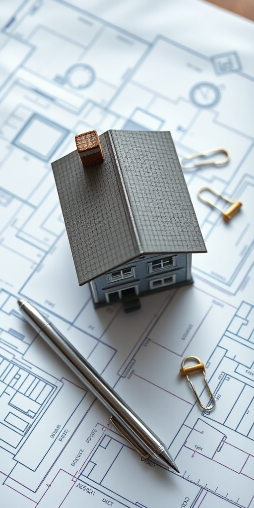 miniature house model on architectural blueprints with a silver pen and paper clips, soft focus background, natural light, ISO 100, f/4, 50mm lens, DSLR camera, top-down view
