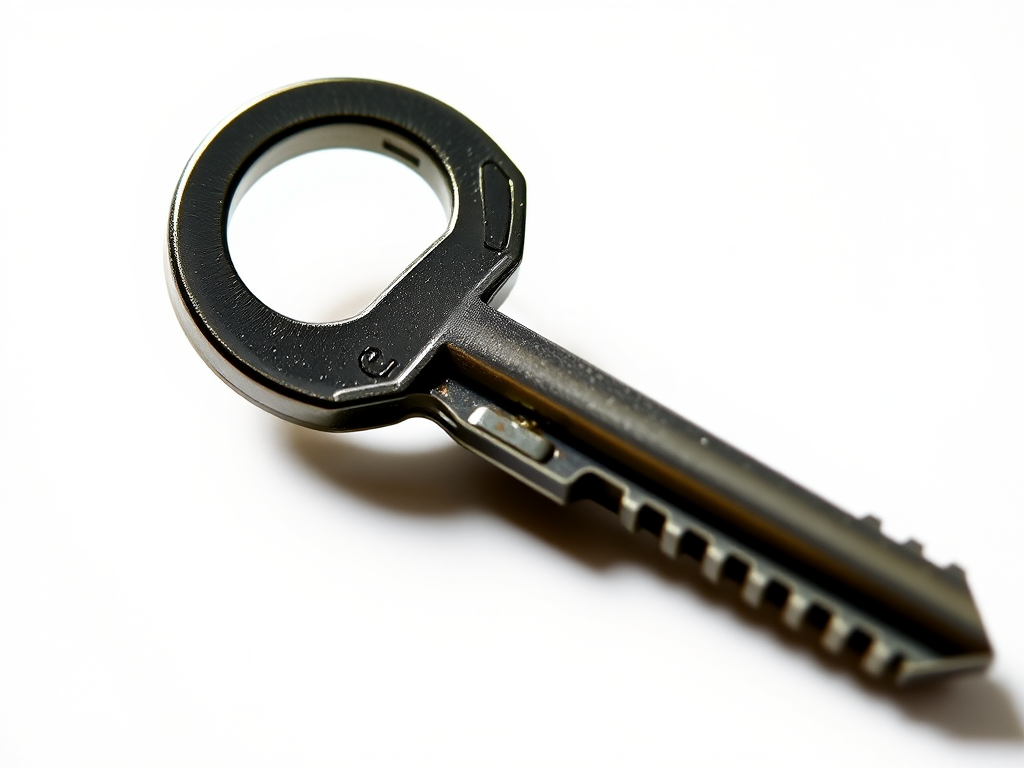 Create a high-resolution illustration of a key, using a DSLR camera with a macro lens, aperture set at f/2.8, ISO at 100, natural lighting for soft shadows, and a focus on the key's details against a minimalistic background.