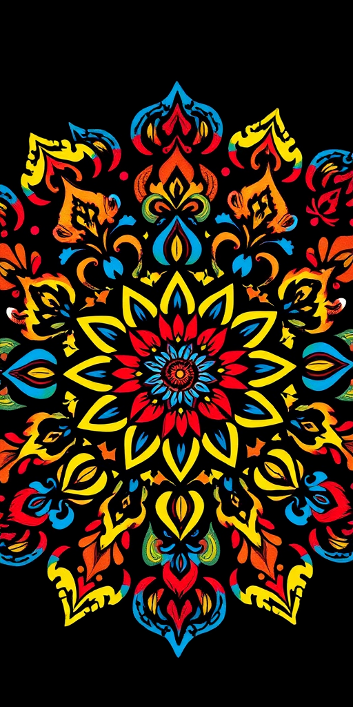 Create a high-resolution circular mandala design featuring intricate floral patterns in vibrant colors including red, blue, and yellow, with a dark background, captured using a Canon EOS R5 with a 50mm f/1.2 lens at f/2.8, ISO 100, in natural lighting for enhanced detail and richness.