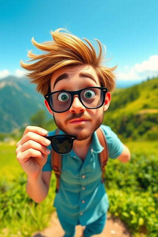 Create a vibrant, cartoon-style image of a man with tousled hair holding sunglasses, surprised expression, standing in a lush green landscape with mountains and blue sky, using a 35mm lens, f/2.8 aperture, 1/200s shutter speed, in bright daylight, shot from eye level with a Canon EOS R camera.