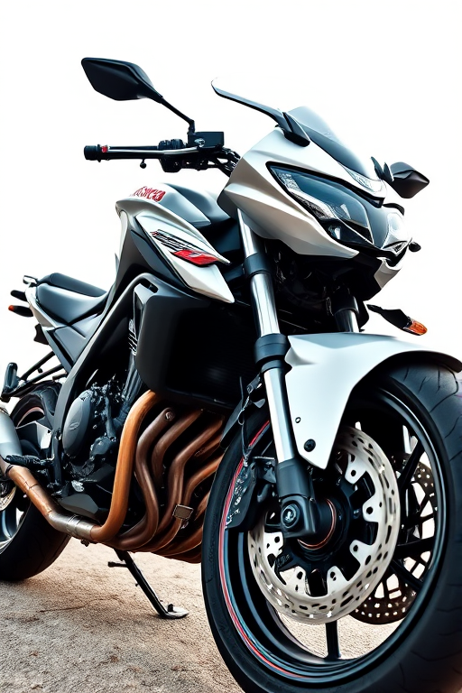 Regenerate a high-resolution vector image of a sleek motorcycle with a shiny silver exterior, captured from a low angle for a dynamic perspective, using a Canon EOS R5, f/8 aperture, 1/250 shutter speed, and ISO 100 to enhance clarity and detail.