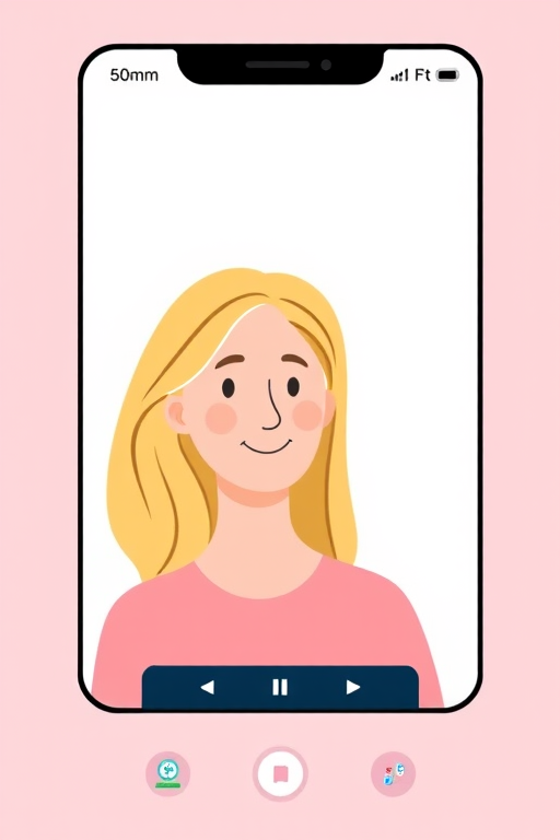 Create a digital illustration of a simplified person with blonde hair on a video call, using a soft color palette with light blue and white backgrounds, employing a flat design style, with camera settings at 50mm focal length, f/4 aperture, and a soft focus effect to enhance overall image quality.