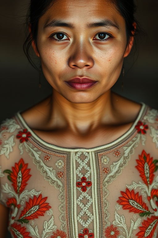 Face, shoulders, chest covered in openwork Malay embroidery. Raw, unedited image.