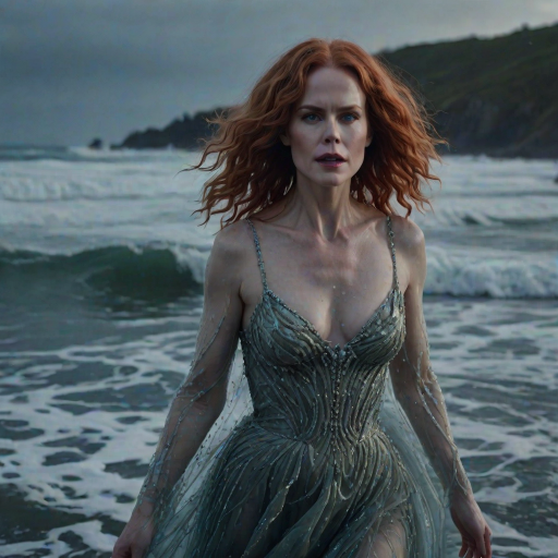 Bewitching image of Nicole Kidman, Big Little Lies star, with her porcelain skin and cascading red curls, emerging from misty waves in a sheer, iridescent gown, on a moonlit beach dotted with bioluminescent algae