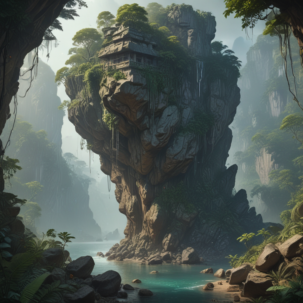 falling rocks, jungle, fantasy, concept art, ultra detailed